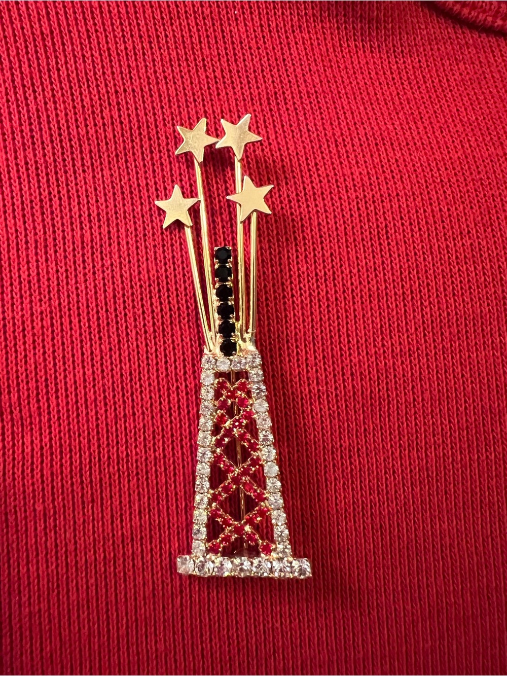 Patriotic Gold Tone Starburst Fireworks Tower Brooch with Rhinestones
